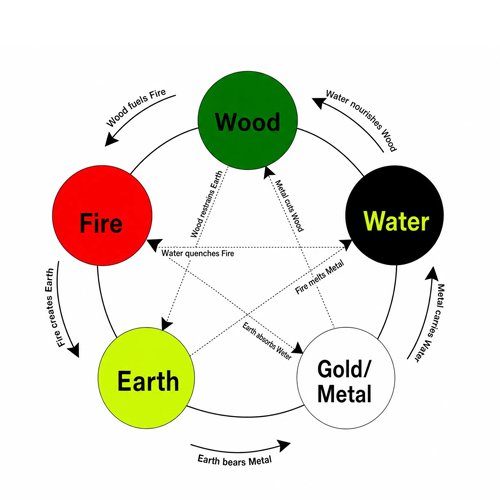 Five Elements relationships showing Wu Xing generating and controlling cycles