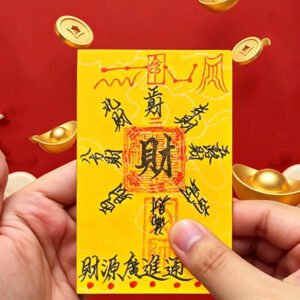 Traditional Chinese wealth talisman with cultural symbols related to prosperity and fortune beliefs