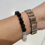 Customer wearing a crystal bead bracelet as part of their personal style